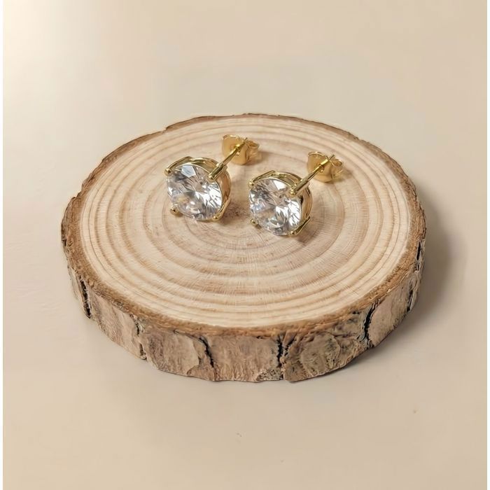 Boucles dOreilles - Homme/Femme - Puces - Solitaire - Blanc - Plaqué Or Jaune 750/1000 - 10 mm