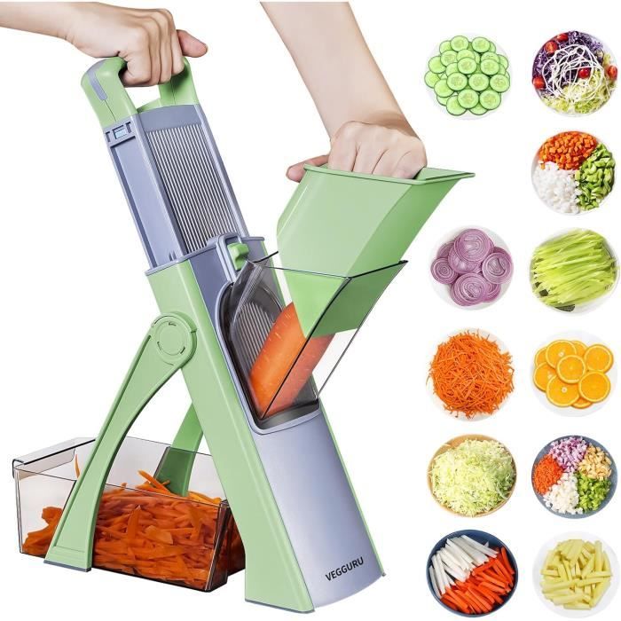 Coupe-légumes 7 En 1 Réglable En Acier Inoxydable - Avec 6 Lames Et Bac Récupérateur - Pour Coupe épaisse/fine - Vert