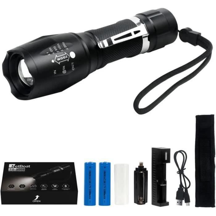 NetBoat G700 X800 LED Zoom militaire Niveau tactique lampe torche + batteries + USB chargeur + boite
