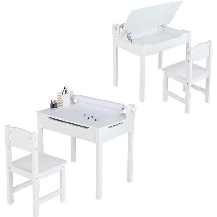 Bureau Enfant - DREAMADE - Plateau Rabattable -Rouleau de Papier & Marqueurs - Espace de Stockage Caché - Charge 30KG - 3+Ans Blanc