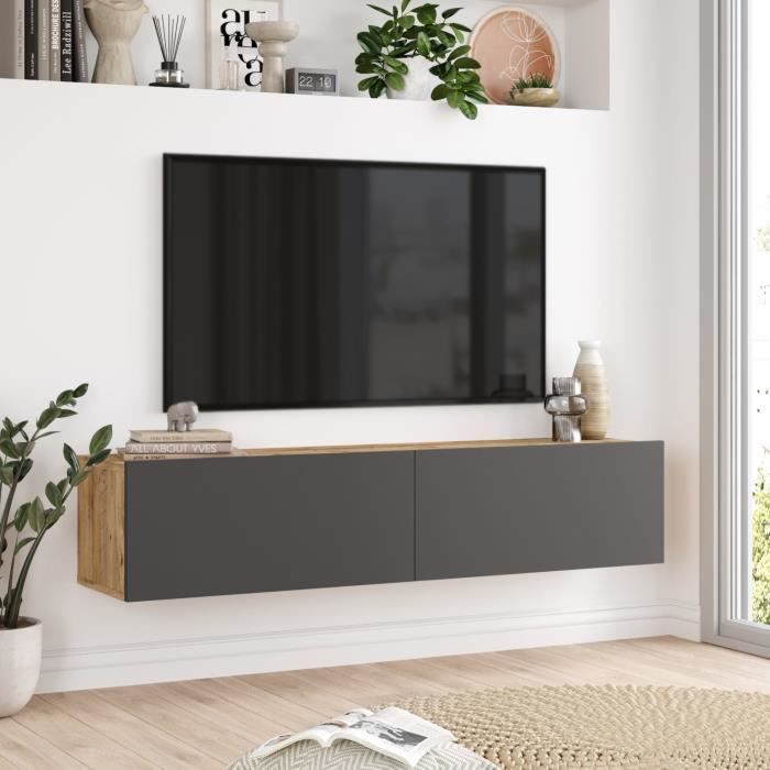Meuble TV Lapinlahti à 2 portes 295 x 140 x 315 cm effet bois de pin - anthracite [en.casa]