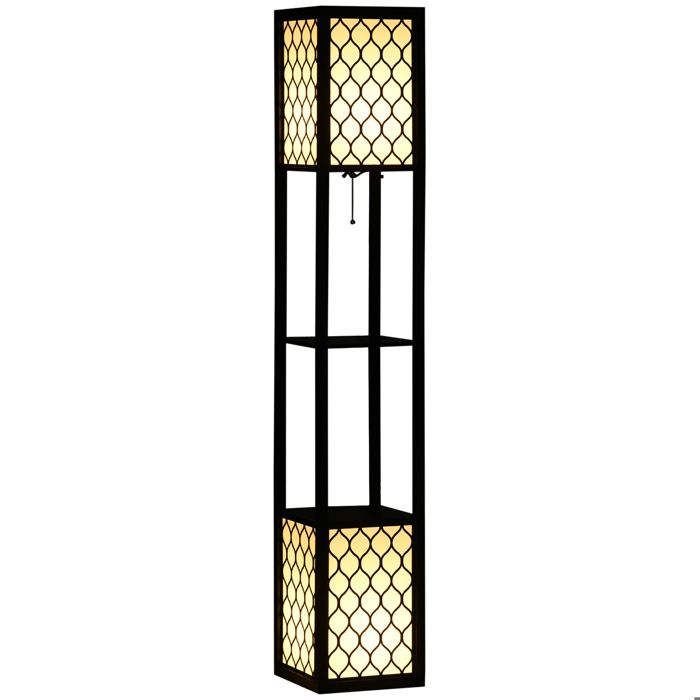 Lampadaire étagère - HOMCOM - 2 lampes salon sur pied douille E27 2 étagères 4 niveaux nid dabeille - MDF - noir