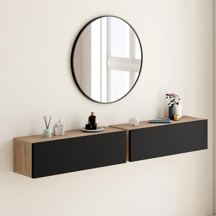 IDMARKET Lot de 2 consoles suspendues étagères murales ELYOS 1 porte bois et noir IDMARKET Lot de 2 consoles suspendues étagères murales ELYOS 1 porte bois et noir
