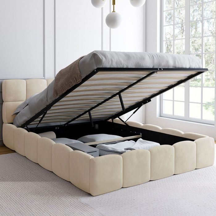 IDMARKET Lit coffre double NUAGE avec tête de lit matelassée et sommier 140 x 190 cm velours beige