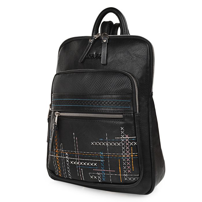 LOIS Sac à dos femme GALATEA en cuir éco brodé noir – élégant multipoches chic casual LOIS Sac à dos femme GALATEA en cuir éco brodé noir – élégant multipoches chic casual