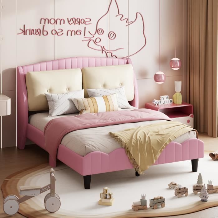 lit d'enfant lit rembourré 140x200cm avec sommier à pattes, dossier et deux grands oreillers, lit double en cuir pu, rose,misnode