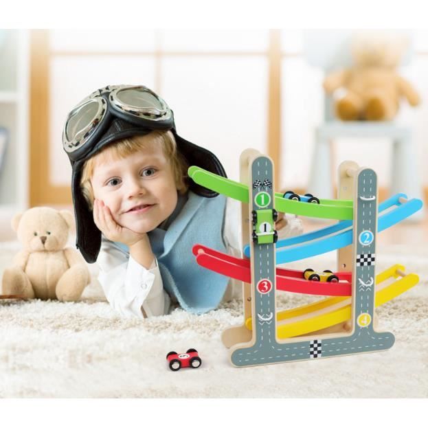 Circuit Rampe Voiture Jouet Voiture Bois Pour Enfant Cadeau Educatif Jouet Rampe De Course En Bois Avec 4 Voitures Cdiscount Jeux Jouets