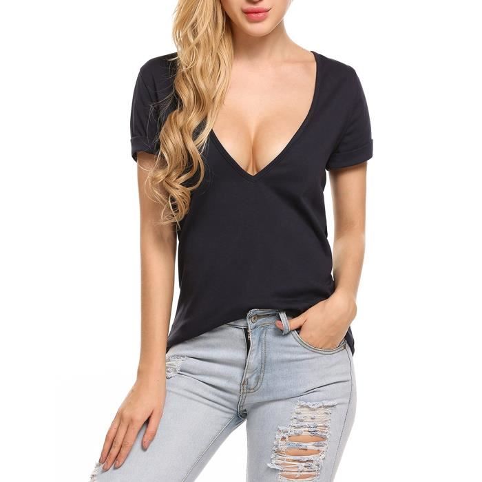 T-Shirt Femme Col V Profond CMTOP - Coton Élasthanne - Coupe Ample Et Confortable - Multiocasions