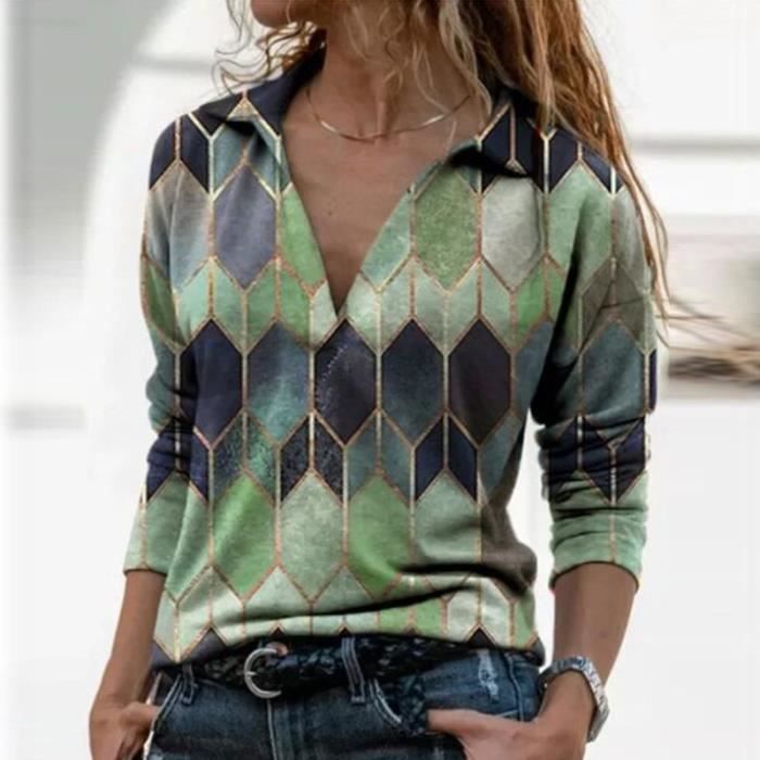 Blouse décontractée à manches longues et imprimé géométrique
