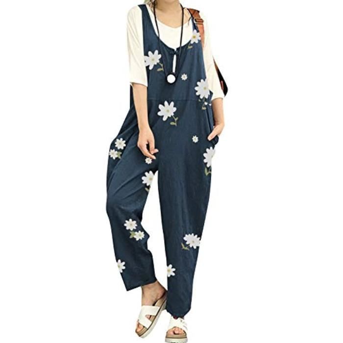 Combinaison Femme Coton Lin - Salopette Sans Manches Bretelles Réglables - Style Vintage Léger - Pantalon Large Été - 5
