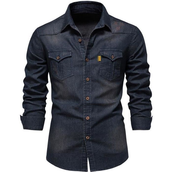 Chemise Homme,Manches Longues Chemise Homme col chemise en Jean,Rétro Décontracté Chemisette Homme avec Poches-Bleu Foncé