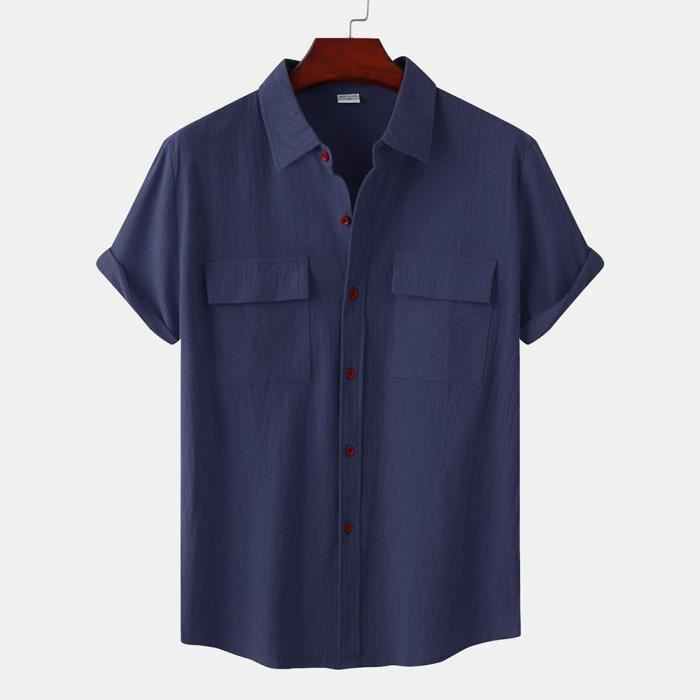 Chemise Homme Fashion Hawaïenne Col à pointes Manches Courtes Casual été Respirante Couleur Unie