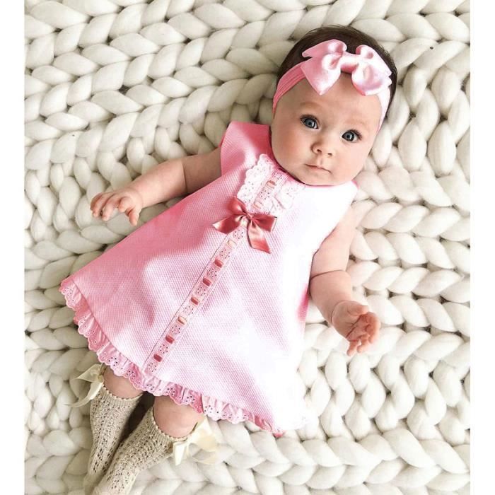 0-24 Mois Bébé Fille Robe sans Manche Tenue Mode Été en Dentelle Blanc Rose