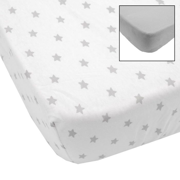 BABYCALIN Lot de 2 draps housse Jersey coton - Impression étoile grise et gris uni - 70 x 140 cm