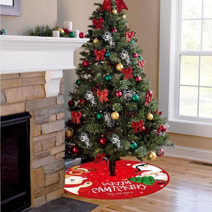 Jupe De Sapin De Noël Grise - Franges Rouges, Nœuds - Taille Large (48) - Coton Tissé