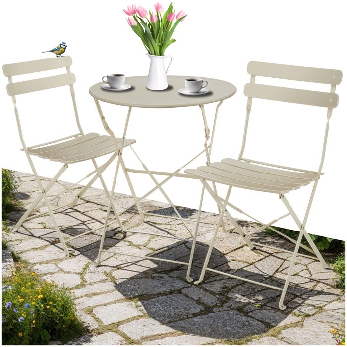 Ensemble table et chaise de jardin - TECTAKE - Lot de 2 chaises bistrot FRIEDA pliable pour 2 personnes avec table solide - Crème