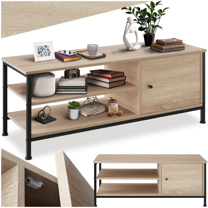 Meuble TV - TECTAKE - Meuble de salon DURBAN en bois et acier 2 compartiments et porte magnétique 110 x 40 x 455 cm - Bois clair