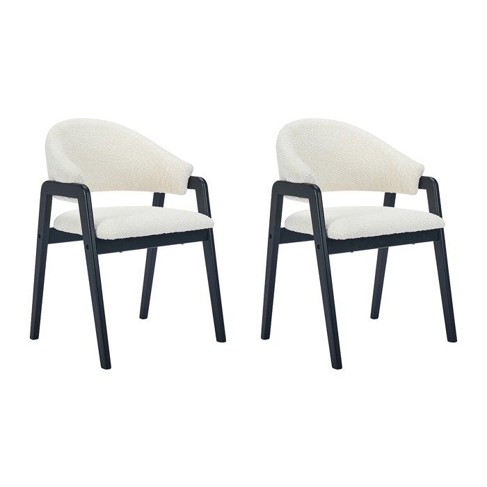 Lot de 2 chaises avec accoudoirs en tissu bouclette et bois dhévéa - Blanc et Noir - SOLUNA
