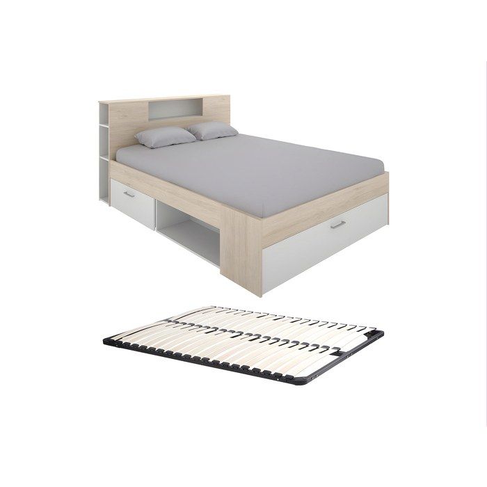 Lit avec tête de lit rangements et tiroirs - 140 x 190 cm - Coloris : Naturel et blanc + Sommier - LEANDRE Lit avec tête de lit rangements et tiroirs - 140 x 190 cm - Coloris : Naturel et blanc + Sommier - LEANDRE
