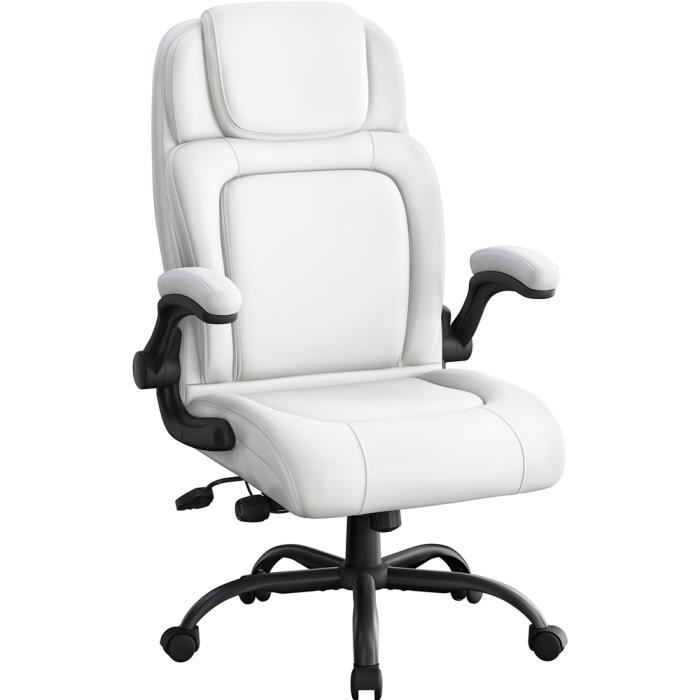 yaheetech chaise de bureau ergonomique en similicuir fauteuil de bureau hauteur réglable haut dossier accoudoirs relevable blanche