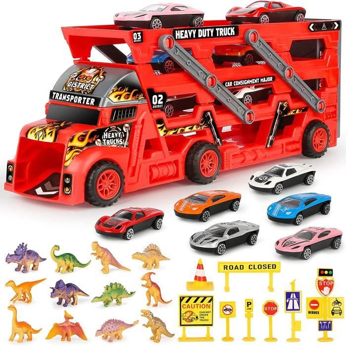 Camion Transporteur de Voitures avec 6 Mini Voitures en Métal et 12 Dinosaure Jouet de Camion Camion Transporteur de Voitures avec 6 Mini Voitures en Métal et 12 Dinosaure Jouet de Camion