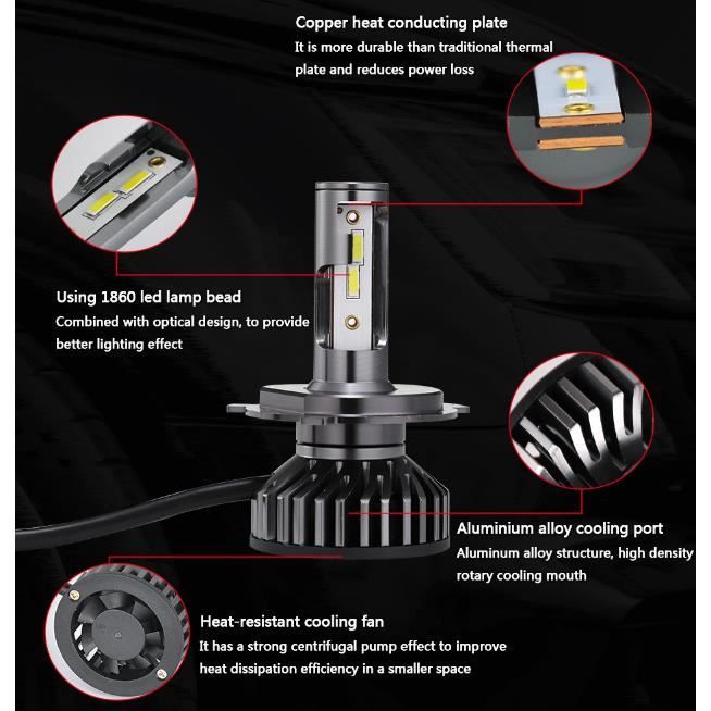 2 Ampoules,Ampoule H4 LED,10000LM Phares pour Voiture et Moto,Ampoules ...