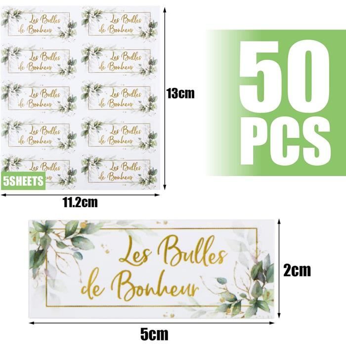 50 Stickers "Bulles De Bonheur" Pour Mariage - Autocollants Imperméables Pour Flacons à Bulles - Anniversaire, Baptême