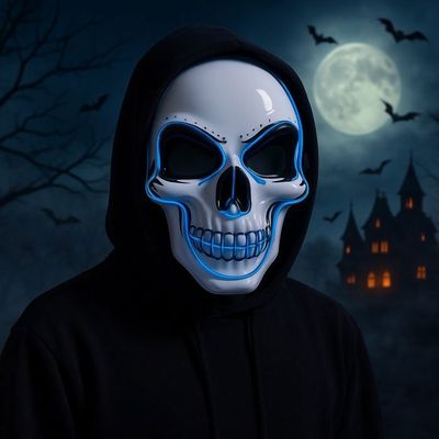 Masque Crâne Squelette LED Bleu - 2 Modes (fixe/clignotant), Léger, Réglable, Pour Halloween/fêtes - 4