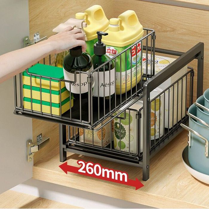 Organisateur de Cuisine à 2 Niveaux Rangement Sous Evier Coulissant Support d'armoire Coulissant Noir