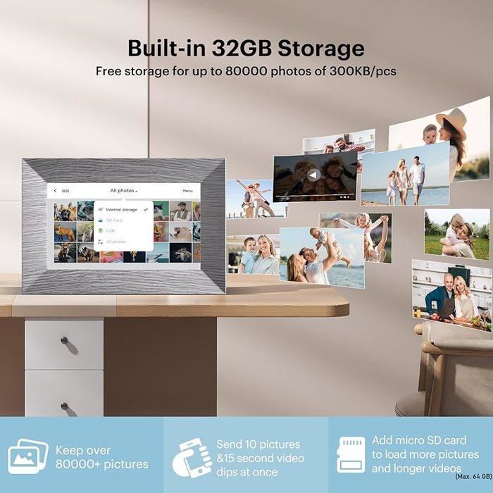 Cadeau Original Numérique Cadre Photo Numérique WiFi 6 Pouces Jectse – Affichage IPS HD, Support Cuir Beige, Déco Maison Cadre Cuir Décoration Maison