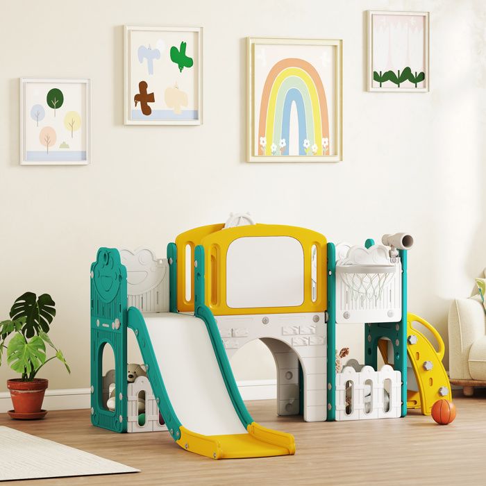 AIYAPLAY - Toboggan 7-en-1 Pour Enfant - Panier Basket, Tunnel, Tableau, Escalade - Intérieur/Extérieur - Dès 1-3 Ans