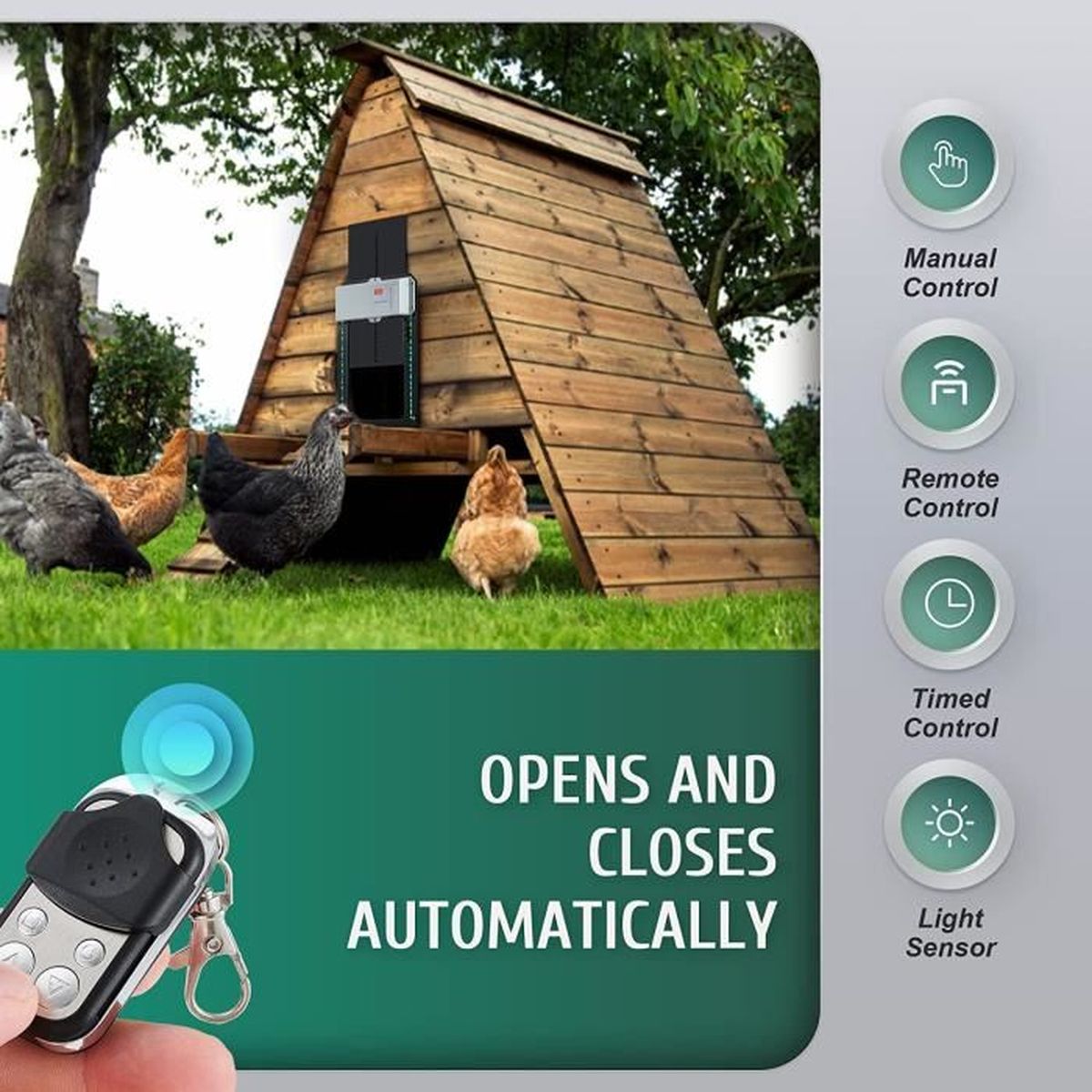 Basique CO-Z Ouvre-Porte Automatique pour Poulailler avec Minuterie Capteur de Lumière Porte Electrique pour Poulailler Compatible avec Panneaux Solaires 