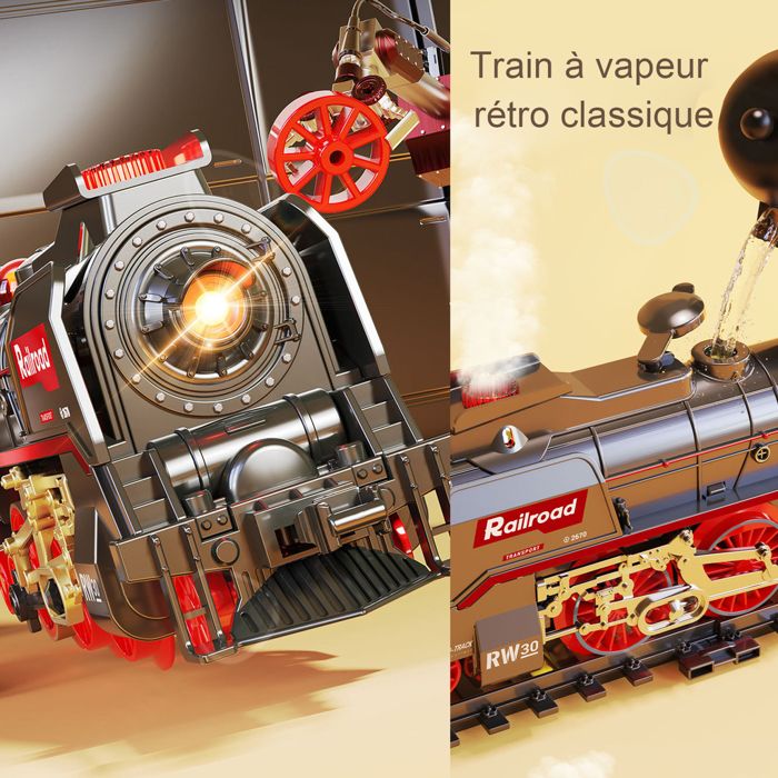 Joellfuner Train électrique à Vapeur Avec Télécommande – Set Complet De 23 Pièces + Rails, Pont, Lumière, Fumée Inodore, Son – Batterie Rechargeable – Cadeau Noël Anniversaire