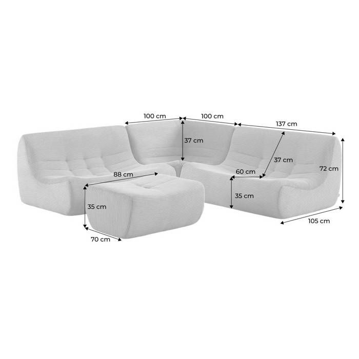 Canapé d'angle modulable 5 places avec repose pied velours côtelé beige ...