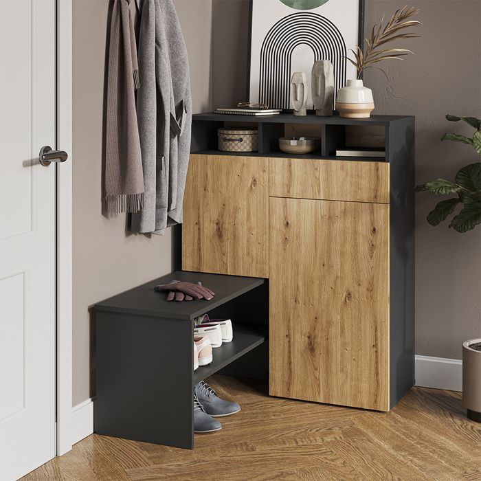 Armoire à Chaussures Amber 100x100 Cm – Porte Et Tiroir, Couleur Chêne Wotan – Rangement Entrée, Salon - 9