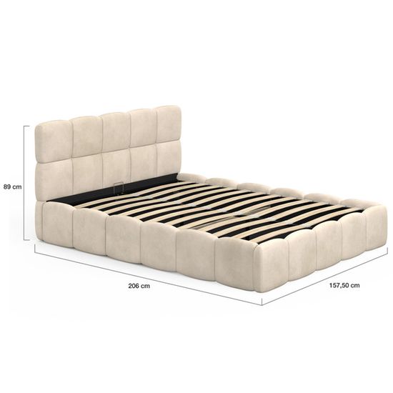 Lit Coffre Double 140x190cm PILOU - Tête De Lit Matelassée Avec Oreillers - Velours Beige - Sommier Relevable
