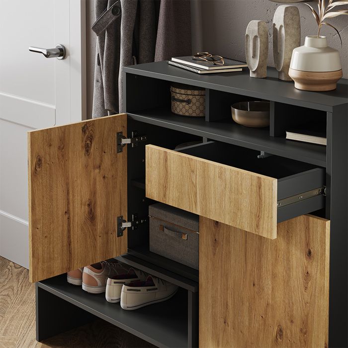 Armoire à Chaussures Amber 100x100 Cm – Porte Et Tiroir, Couleur Chêne Wotan – Rangement Entrée, Salon - 4