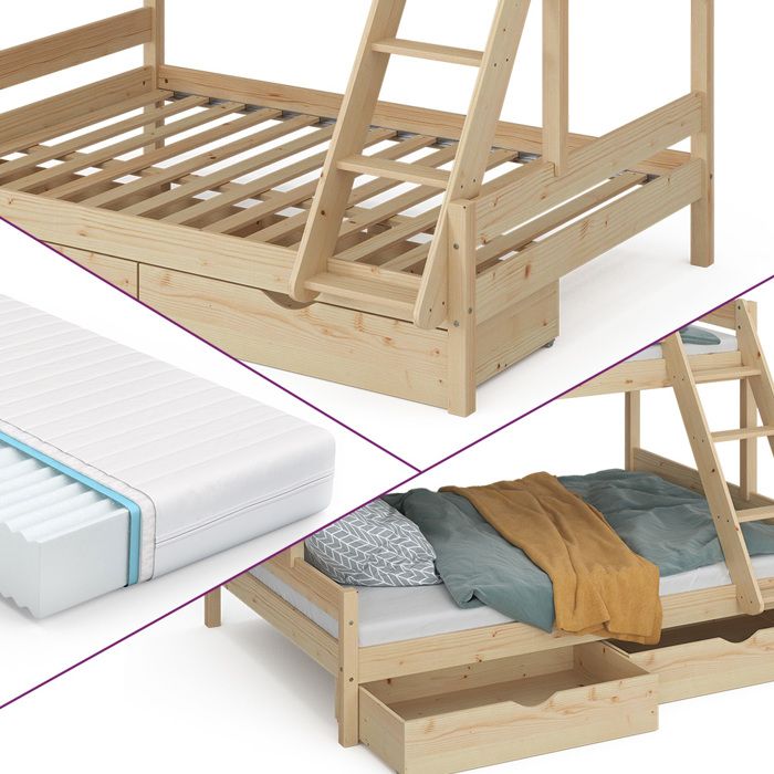 Lit superposé Everest, Naturel bois, 140x200 / 90x200 cm avec 2 matelas et 2 tiroirs, Vitalispa