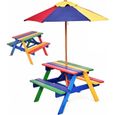 RELAX4LIFE Ensemble Salon de Jardin pour Enfant - 1 Table et 2 Bancs Plus 1 Parasol Multicolore, Table en Sapin avec Trous-0