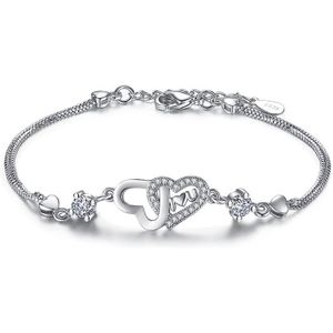 BRACELET - GOURMETTE Bracelet coeur réglable en argent sterling 925 avec chaîne à strass pour femmes et filles[489]