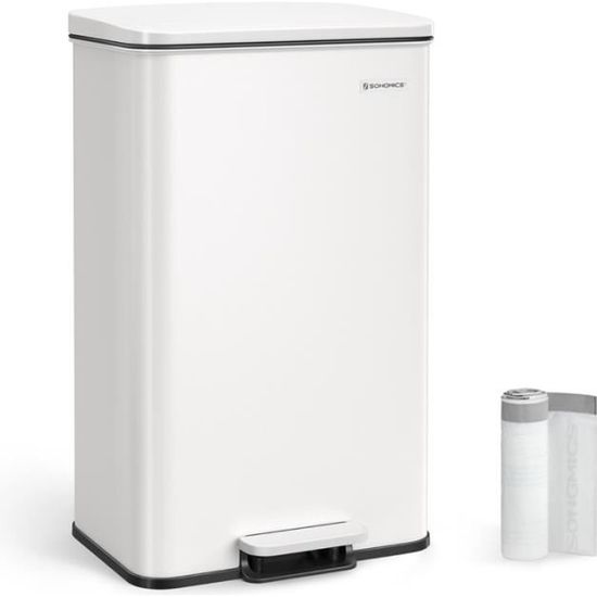 SONGMICS LTB540B4002 Poubelle de cuisine, 40 litres, grande poubelle à pédale, avec couvercle, en acier, fermeture douce, avec 15 sacs-poubelle, noir
