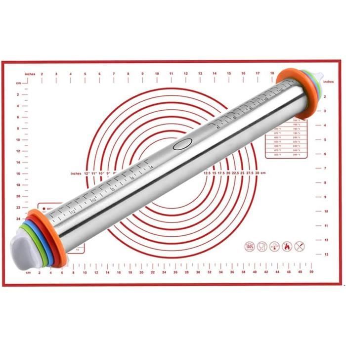 Rouleau à Pâtisserie en Acier Inoxydable&Tapis de Cuisson en Silicone pour Fondant,Rouleau a Patisserie Ajustable avec 4 Disques Rég