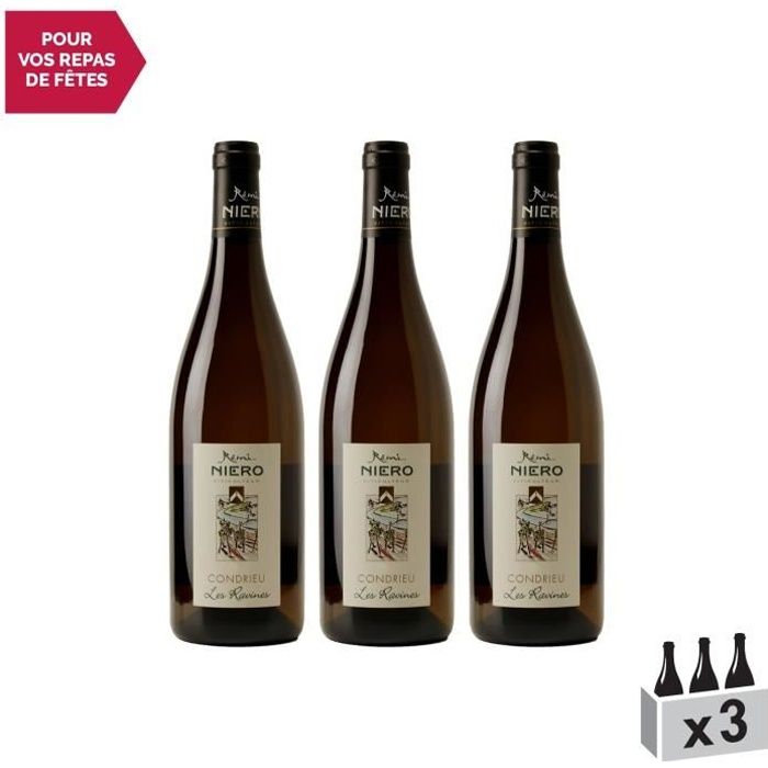 Condrieu Les Ravines Blanc 2019 - Lot de 3x75cl - Rémi Niero - Vin AOC Blanc de la Vallée du Rhône - Cépage Viognier