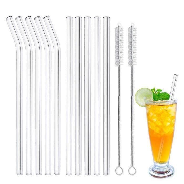 Paille en Verre 20 cm x 10mm Transparentes pailles Reutilisable en Verre - 5 Droites, 5 Courbées et 2 Brosses de Nettoyage