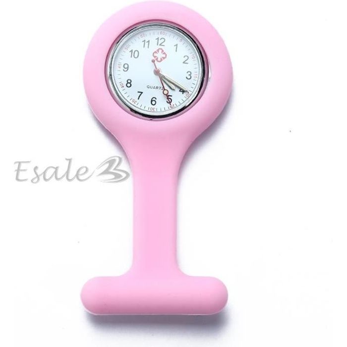 Montre Infirmière Poche à Quartz Rond en Silicone Rose avec Broche Epingle Clip