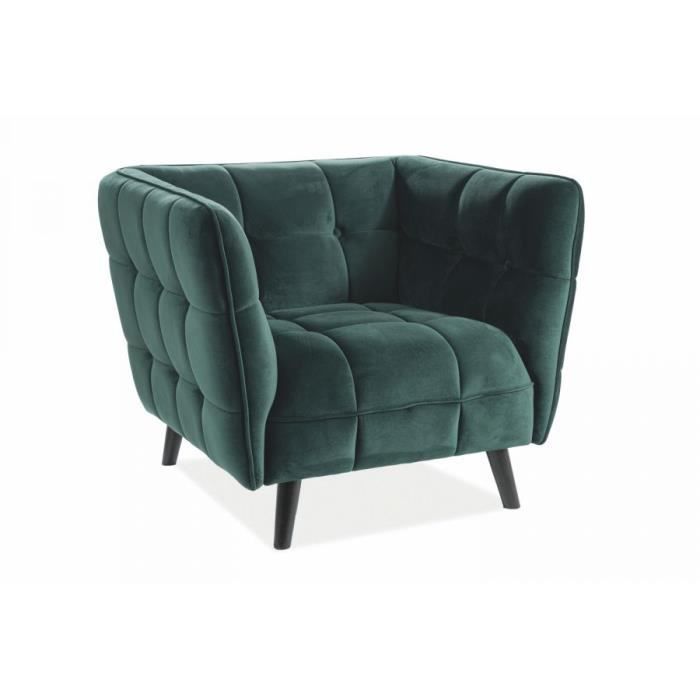 CASTELLE - Fauteuil matelassé de style glamour urevêtement velours salon bureau - Hauteur 78 cm - Assise épaisse confortable - Vert