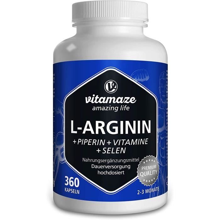 LArginine Gélules à Fort Dosage360 Capsules avec B6B12 + Acide Folique + Sélénium + PipérineQualité Allemandesans Additifs In 246