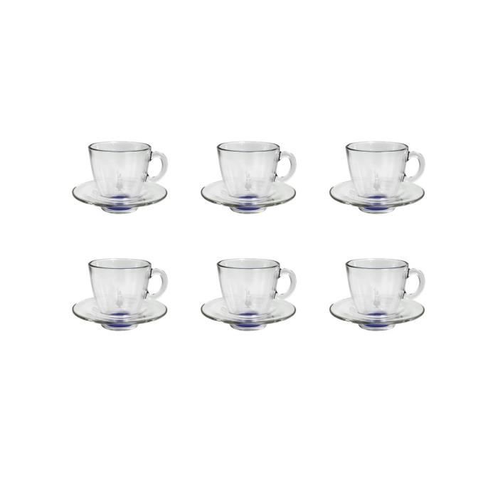 BIALETTI 6 tasses Expresso en verre 60ml transparent et bleu avec soucoupe