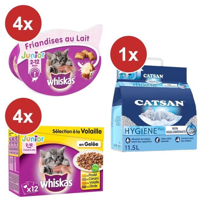 CATSAN WHISKAS Spécial chaton: Litière 11,5L+ Repas(48x100g) + Friandises(4x55g)