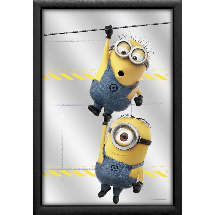 Miroir Moi, moche et méchant Minions câble impression multicolore, cadre en plastique noir, effet bois.